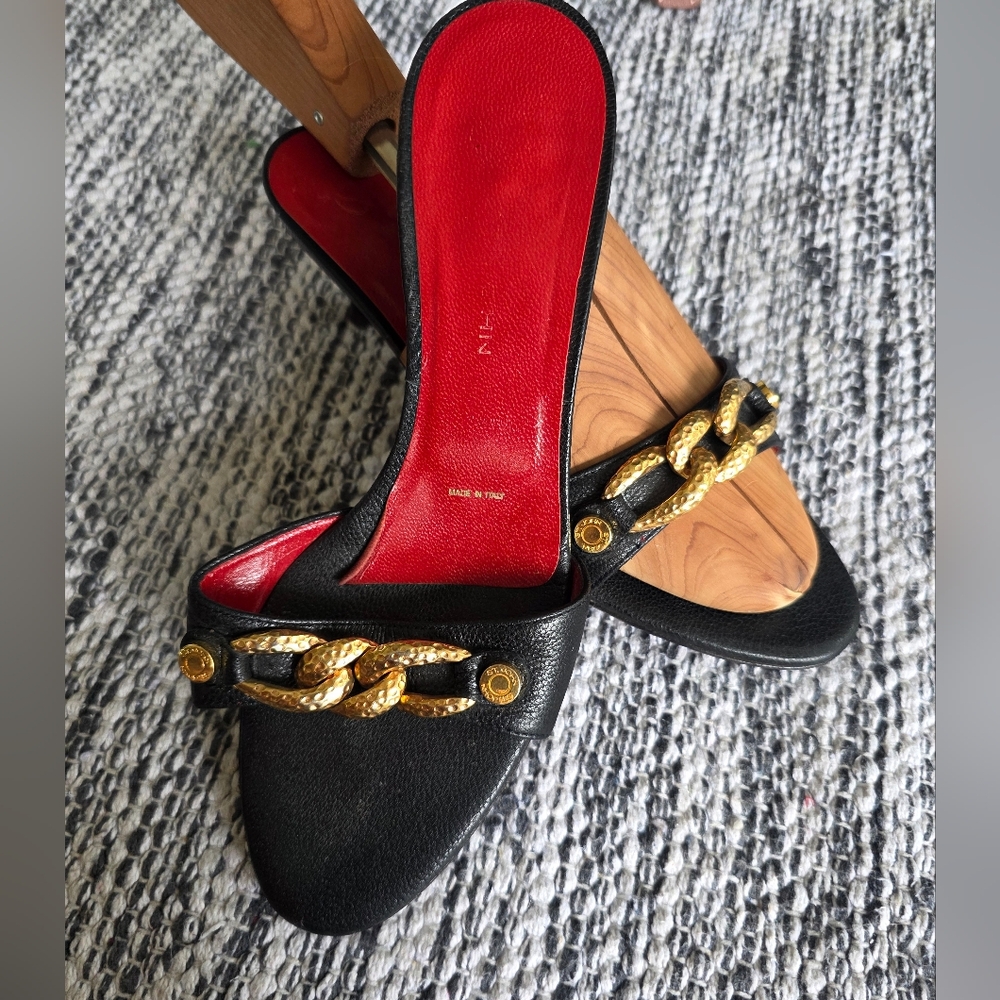 Vintage St. John Black Leather Gold Chain Mule Slide Sandal Heels